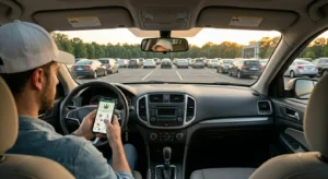 A customer using a cannabis dispensary delivery app on a smartphone while sitting inside a parked vehicle.
