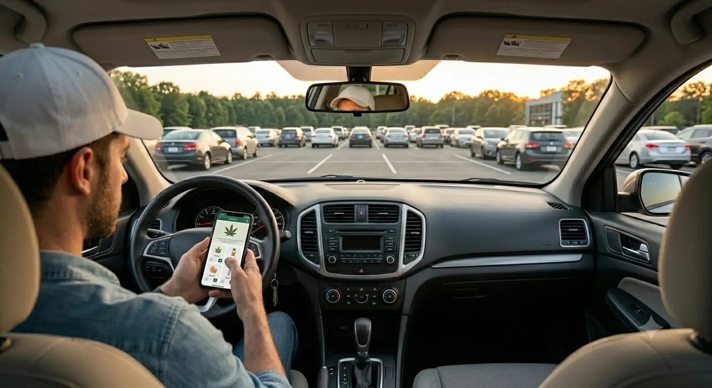 A customer using a cannabis dispensary delivery app on a smartphone while sitting inside a parked vehicle.