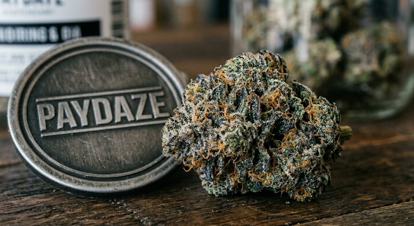 A high-quality macro lifestyle photograph of a premium cannabis flower nugget showcasing dense purple and green undertones, coated heavily in frosty white trichomes and vibrant orange hairs. To the left of the bud, a dark, weathered circular metal lid is cleanly embossed with the word "PAYDAZE" in bold capital letters, all resting on a rustic dark wood surface with a soft, warm background blur.