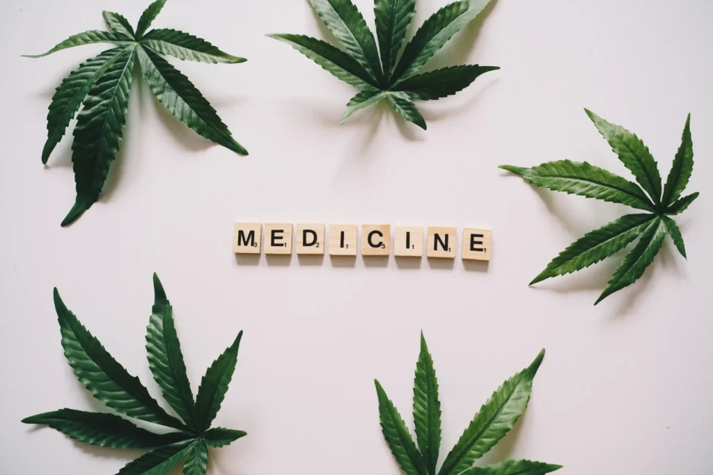 A clean, top-down flat lay photograph featuring wooden letter tiles spelling out 'MEDICINE' in bold black letters against a smooth white background. Five vibrant, serrated green cannabis fan leaves are artfully arranged around the central text, pointing inward from the top, sides, and bottom. The bright, minimalist composition and crisp presentation emphasize themes of medical marijuana, natural healthcare, and botanical remedies