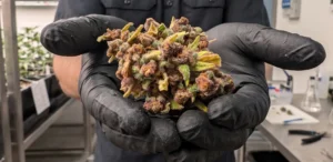 A high-detail, close-up photograph showcasing a premium cannabis flower bud held in a hand wearing a black nitrile glove. The dense, intricately structured nug features an eye-catching color profile, blending deep violet and purple calyxes with vibrant lime-green sugar leaves. A thick, glittering blanket of frosty white trichomes heavily coats the entire bud, woven through with thin amber pistils (hairs). The clean, focused composition highlights the rich textures and premium quality typical of a professional cultivation harvest or top-shelf dispensary strain