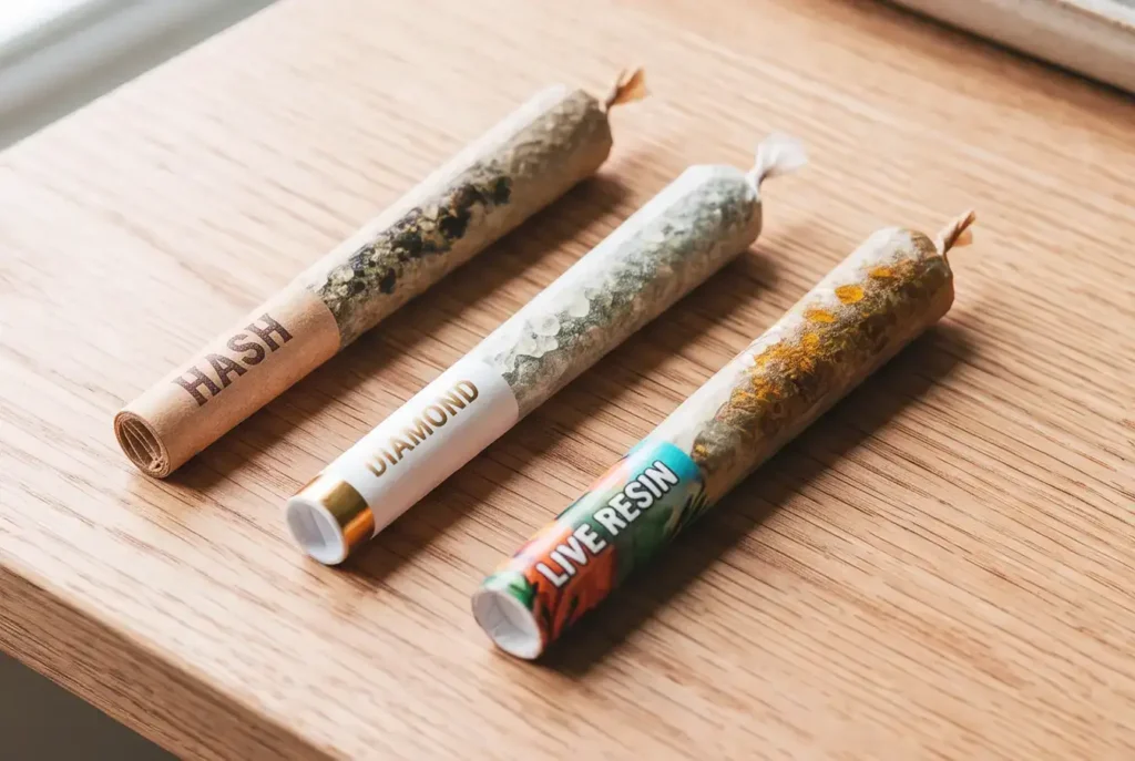 Three infused cannabis pre-rolls on a wooden table, featuring visible Hash, Diamond, and Live Resin extracts with labeled filter tips.