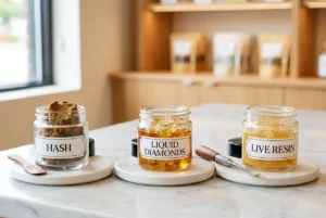Three glass jars displaying different cannabis concentrates labeled Hash, Liquid Diamonds, and Live Resin sitting on a marble countertop next to dabbing tools.