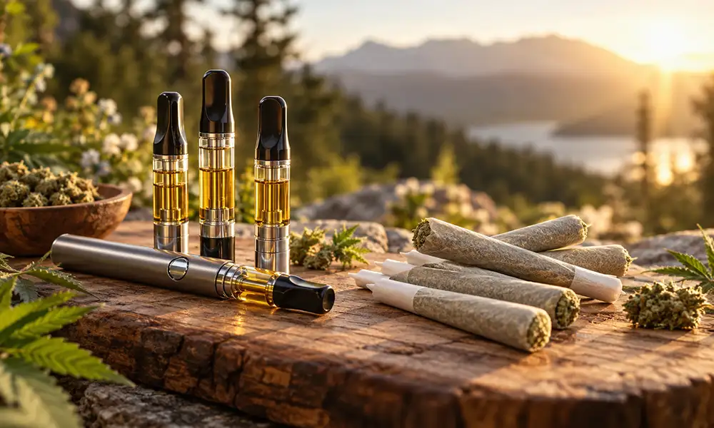 A comparison of 510-thread cannabis cartridges and quick pre-rolls, highlighting fast and easy session options available in Burlington County, NJ.