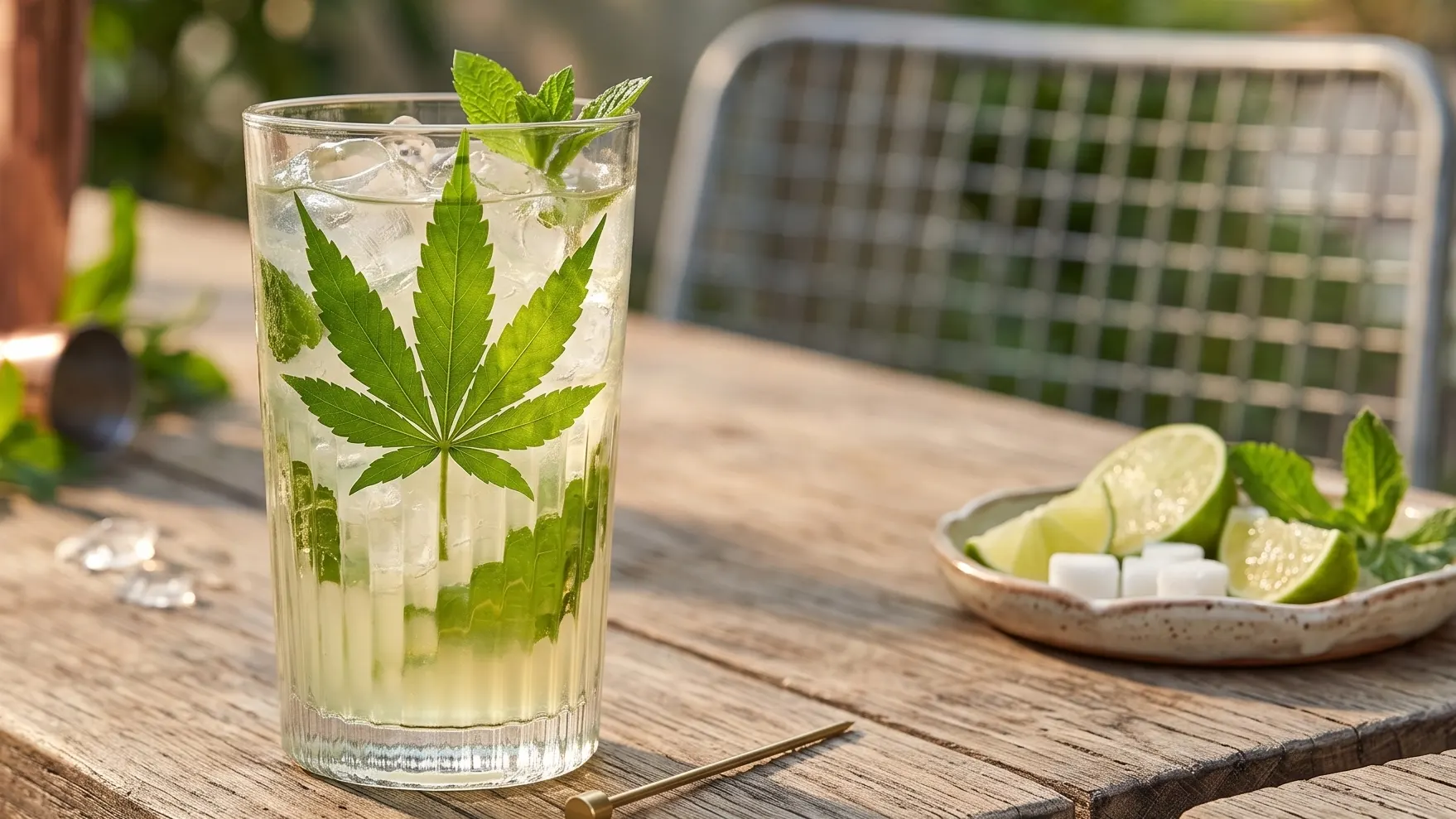 A high-resolution photograph of a refreshing iced cocktail in a tall, clear, ribbed glass, sitting on a rustic wooden table in a sunlit outdoor setting. The drink contains ice cubes, fresh mint leaves, and a large, perfectly formed green cannabis leaf pressed against the inside of the glass, which is the central focus. A sprig of mint garnishes the top.
