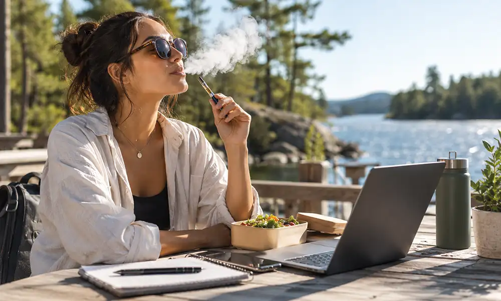 A woman discreetly using a weed vape cart while working outdoors, demonstrating the portability and minimal odor of 510-thread cartridges in NJ.